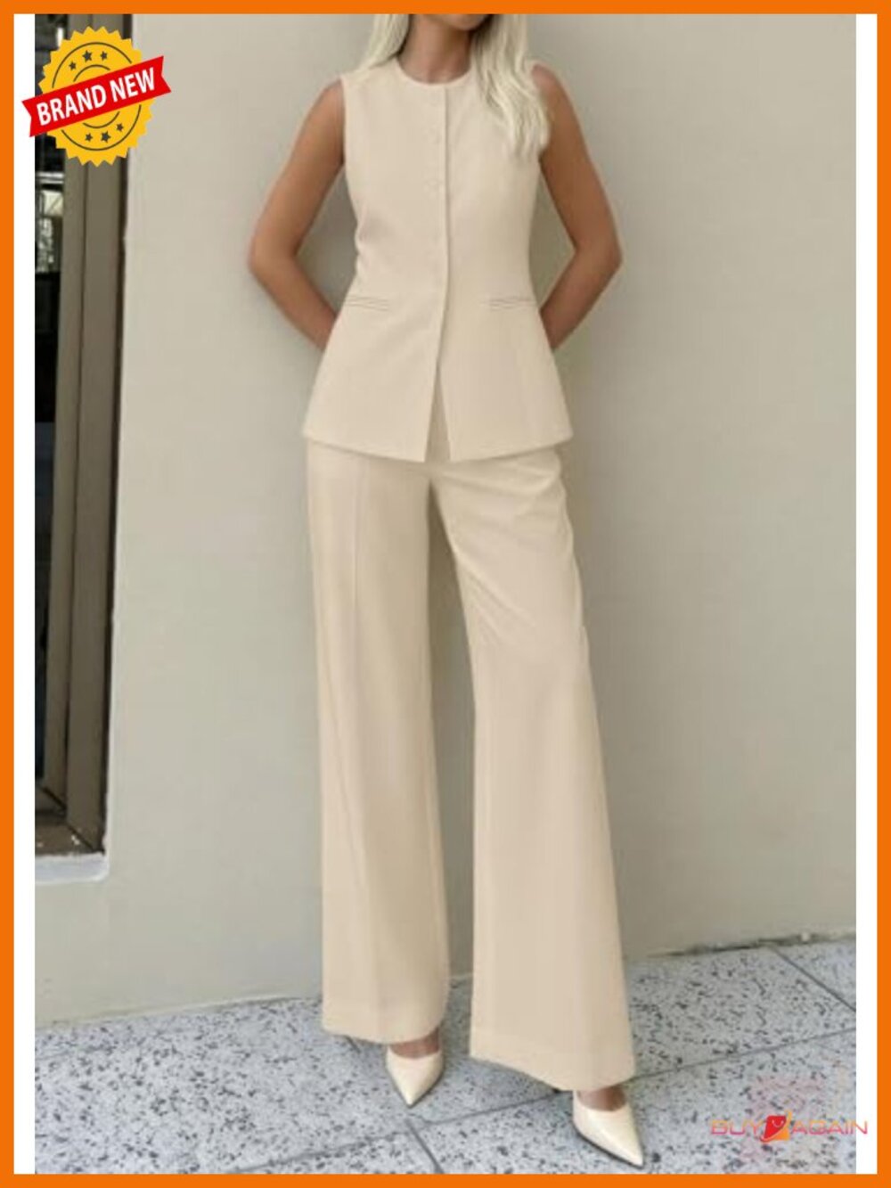 Women's 2 Piece Suit Set Sleeveless Blazer Vest & Wide Leg Pants Business - Picture 2 of 6